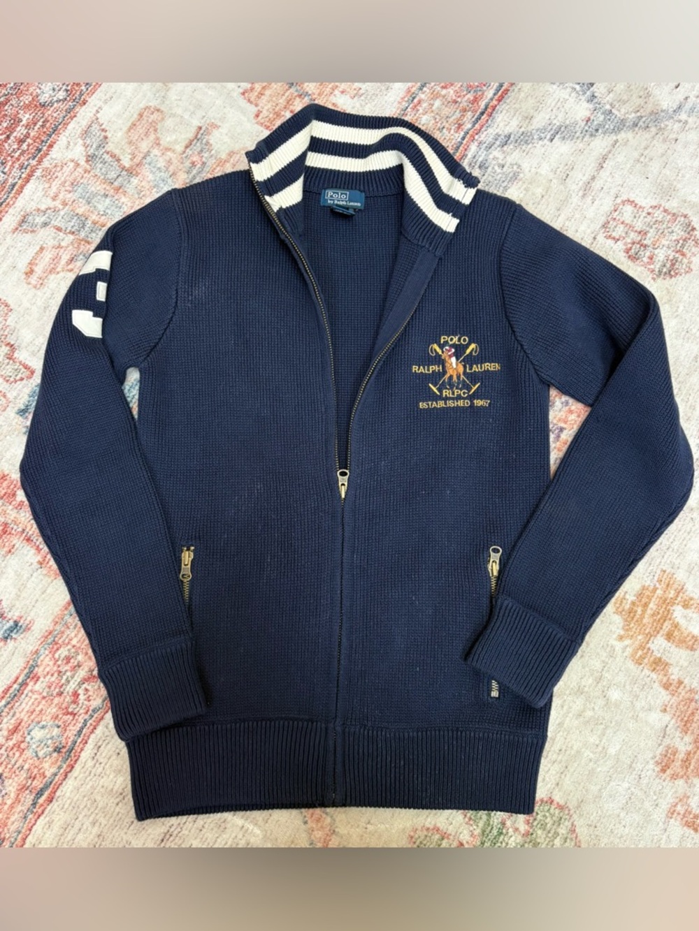 Polo by Ralph Lauren Navy Full-Zip Knit Cardigan with Striped Collar